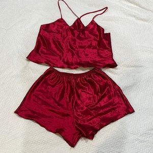 Red Faux Silk Lounge Cami and Shorts Set Medium